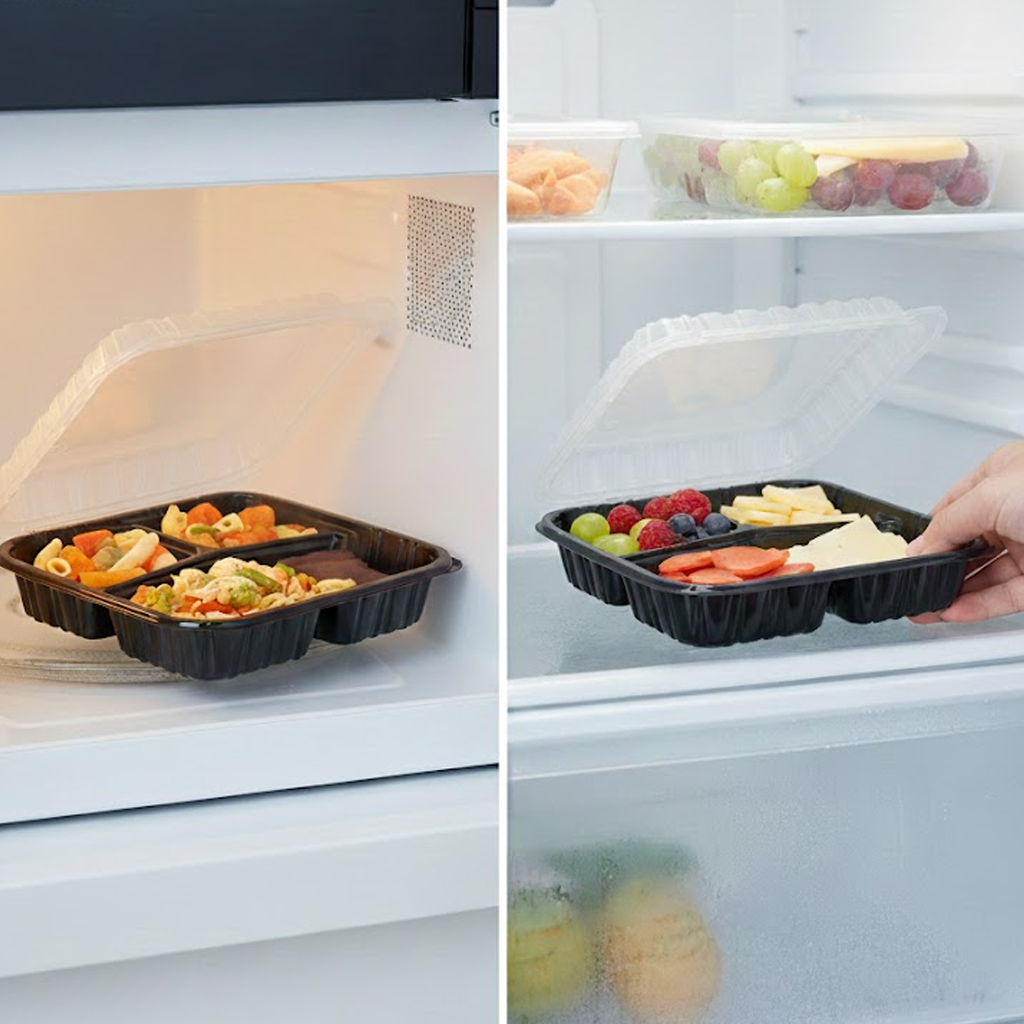 Application image of the multi-compartment food container in microwave heating (left) and refrigerator storage/preservation (right), emphasizing the product's high and low temperature resistance for a versatile packaging solution in meal prep, takeout, and ready-meals.