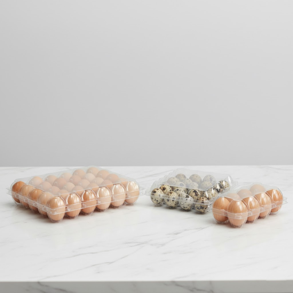Multi-material packaging assortment featuring eco-friendly sugarcane pulp containers, clear plastic trays, and biodegradable paper pulp trays, suitable for retail and takeout of fresh produce, ready-meals, and baked goods, offering diverse and sustainable packaging solutions.