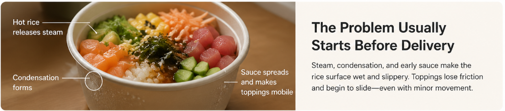 How to prevent toppings from mixing in sushi bowls during transport