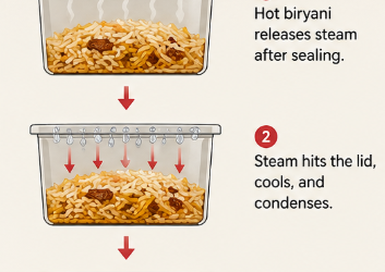 Should biryani bowl packaging be sealed or ventilated without ruining texture