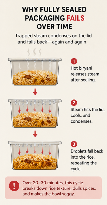 Should biryani bowl packaging be sealed or ventilated without ruining texture