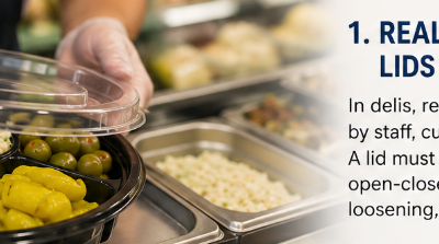 What keeps a relish tray lid tight after being opened and closed multiple times in a deli