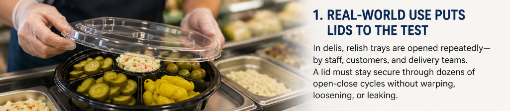 What keeps a relish tray lid tight after being opened and closed multiple times in a deli